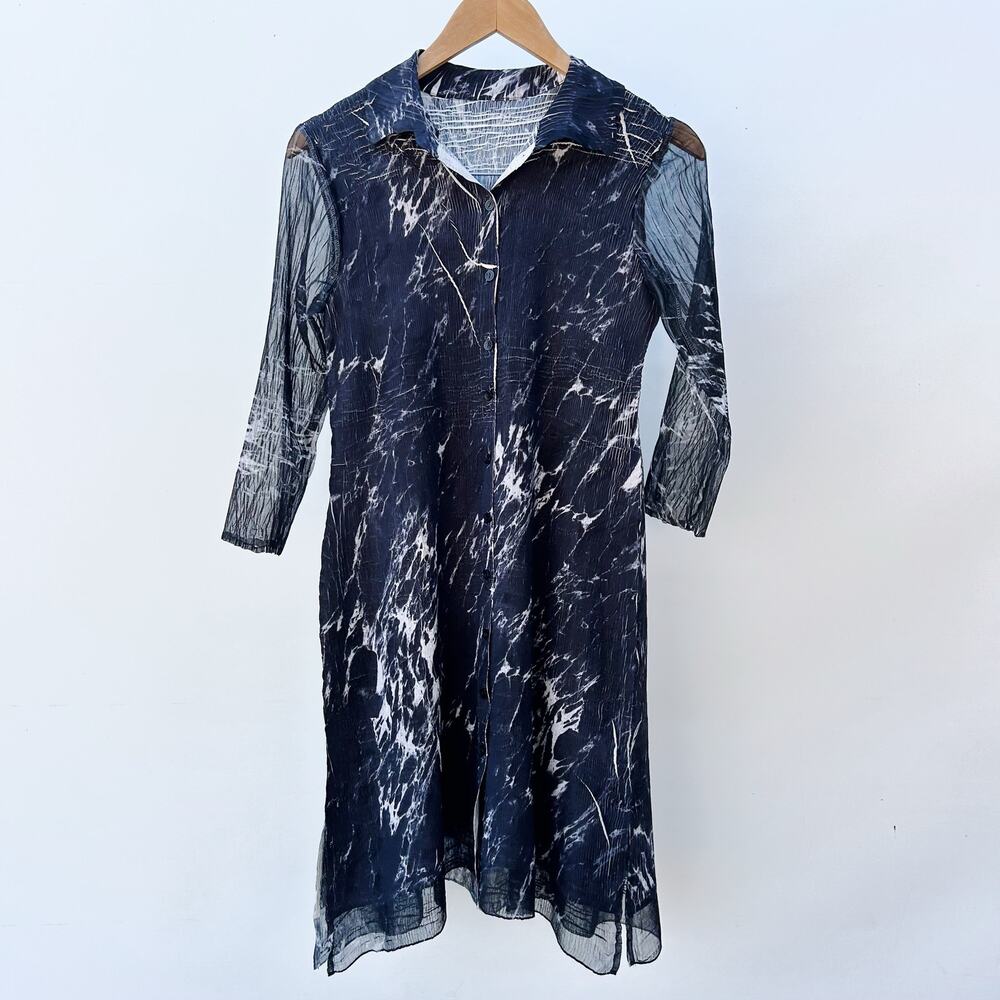 Komarov Black Marble Collared Long Sleeve Charmeuse Crinkle Mini Dress Small